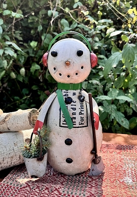 Buddy Snowman with Earmuffs Recycled Metal Art 7.25
